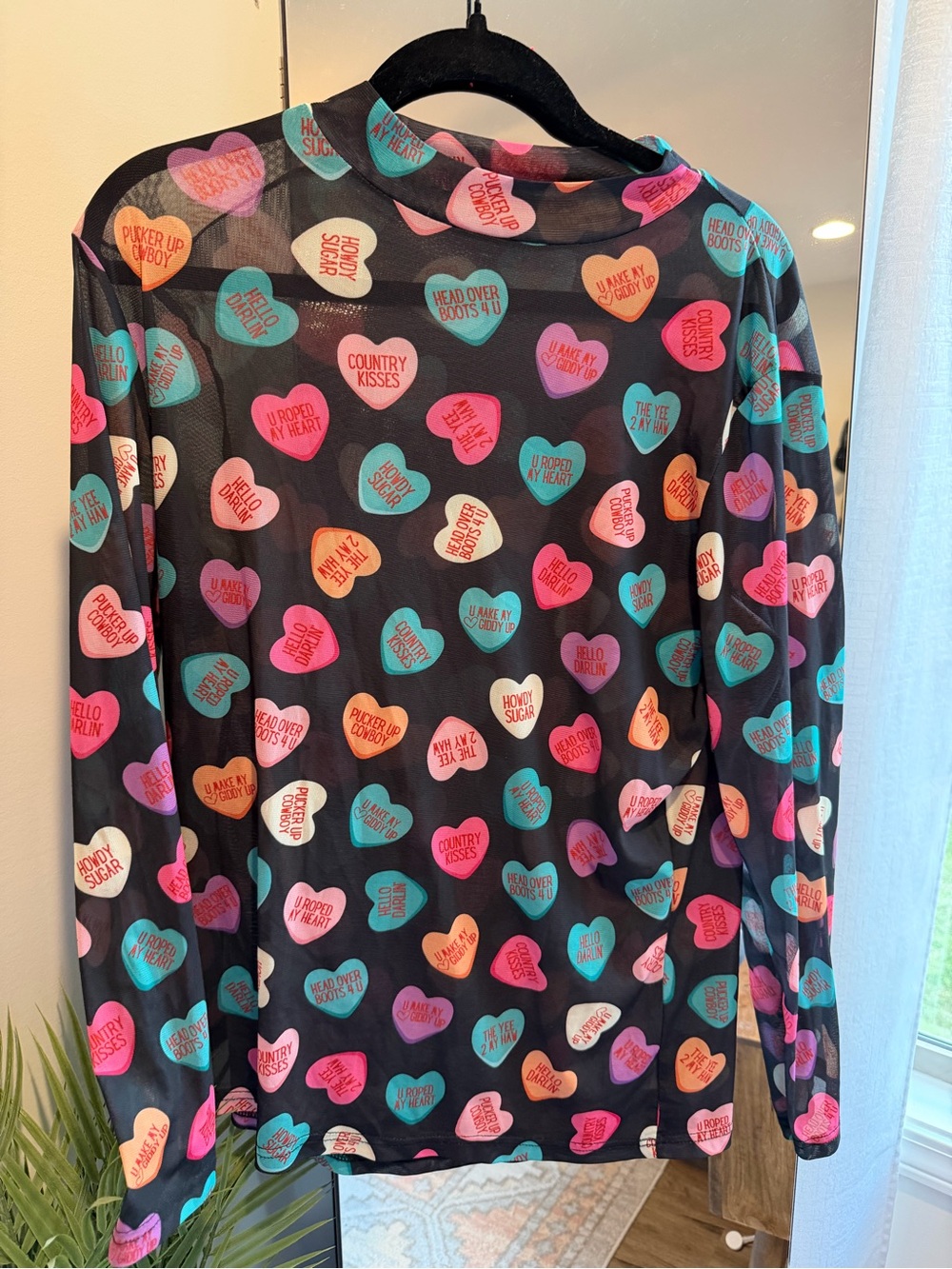 Women's Black Mesh Long-Sleeve Heart Print Blouse - Multicolor
